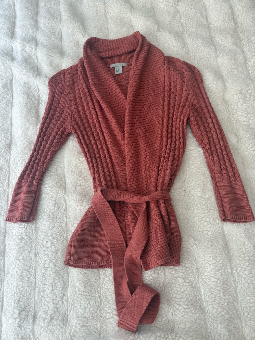 H&M Dusty Rose Belted Shawl-Collar Cable Knit Cardigan